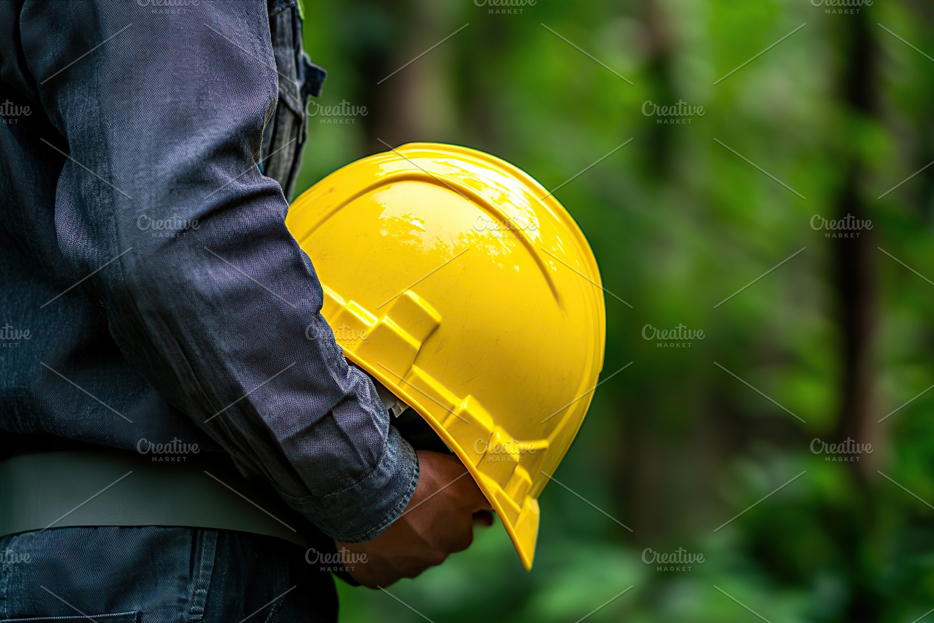 Worker holds yellow safety helmet while standing outdoors in natural surroundin, an Industrial Photo by AlyaAnd