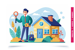 A smiling man holds a house key and, an Illustration by Tanuart