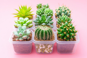 Beautiful display of assorted succulents and cacti in plastic pots against pink, a Photo by AlyaAnd