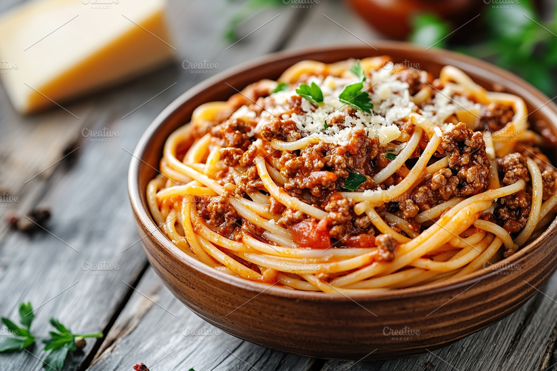 Spaghetti bolognese with ground beef in plate, a Food & Drink Photo by AlyaAnd