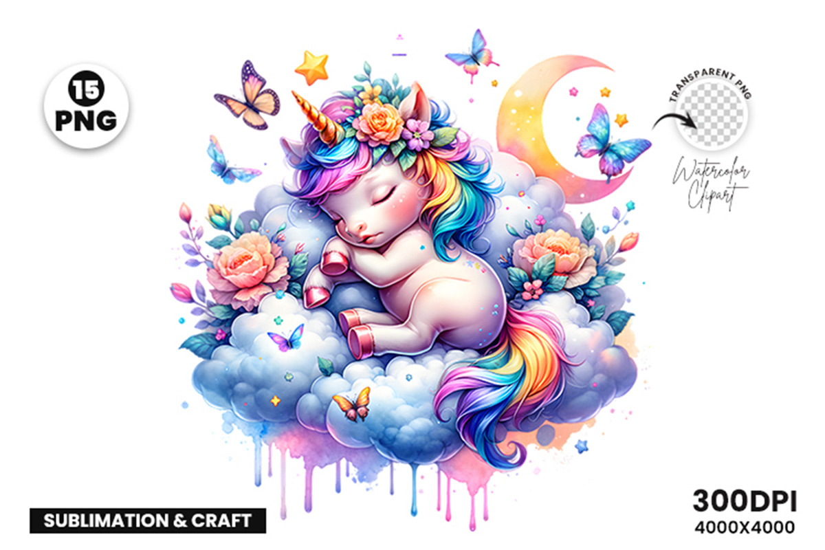 Watercolor Cute Unicorn Clipart PNG, an Animal Illustration by Creative Arslan (Photo 8 of 9)