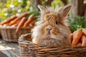 Cute rabbit with carrots in a basket, an Animal Photo by AlyaAnd