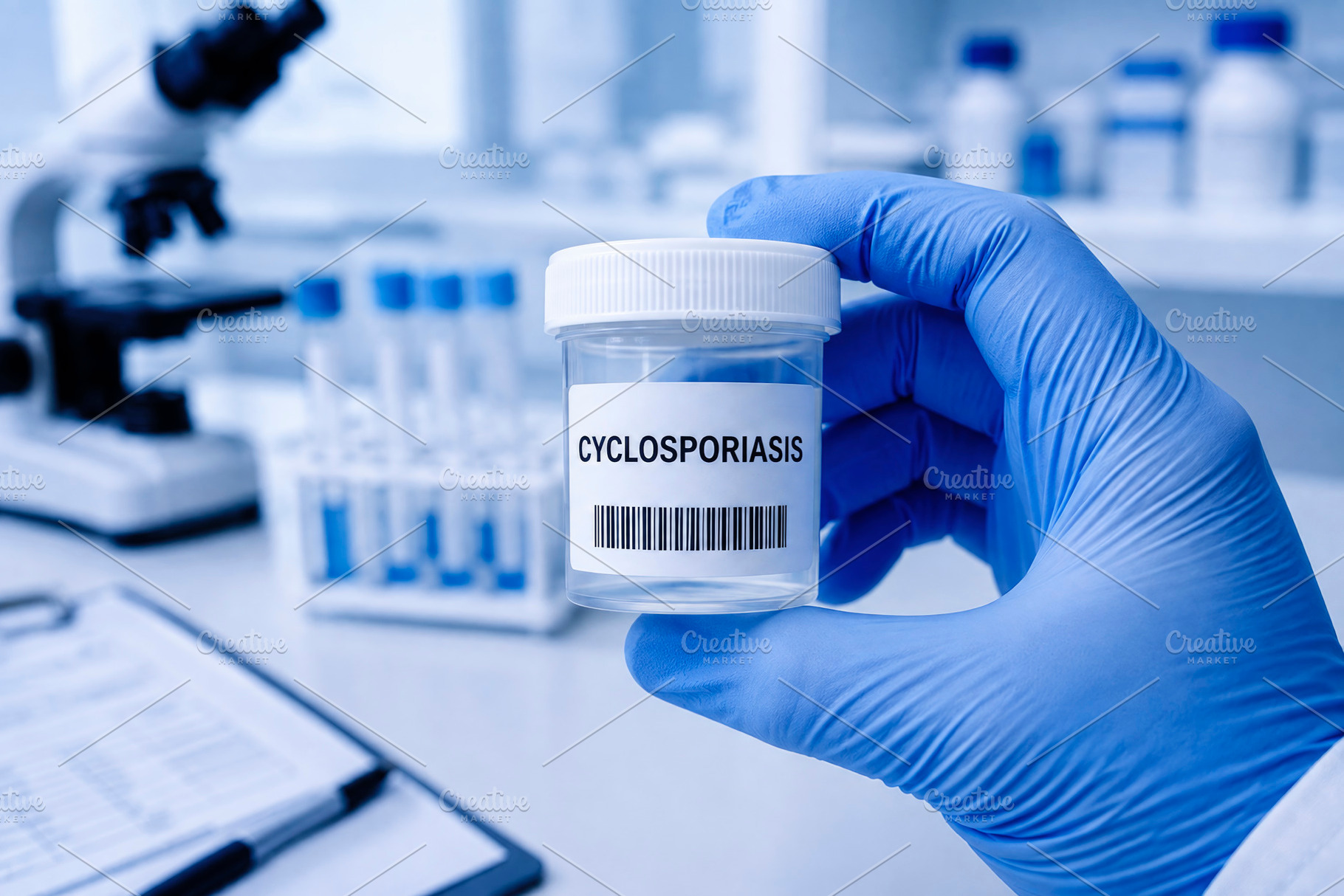 a sample labeled cyclosporiasis, generative AI, a Photo by Nito