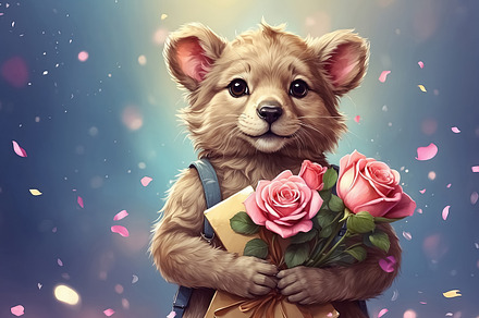 Cute little animal holding a bouquet of roses, greeting card. Ge, an Animal Photo by Ales Munt