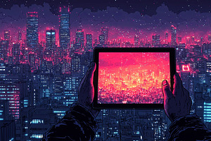 Hands holding a digital tablet amidst a futuristic vibrant urban skyline, an Illustration by AS photostudio