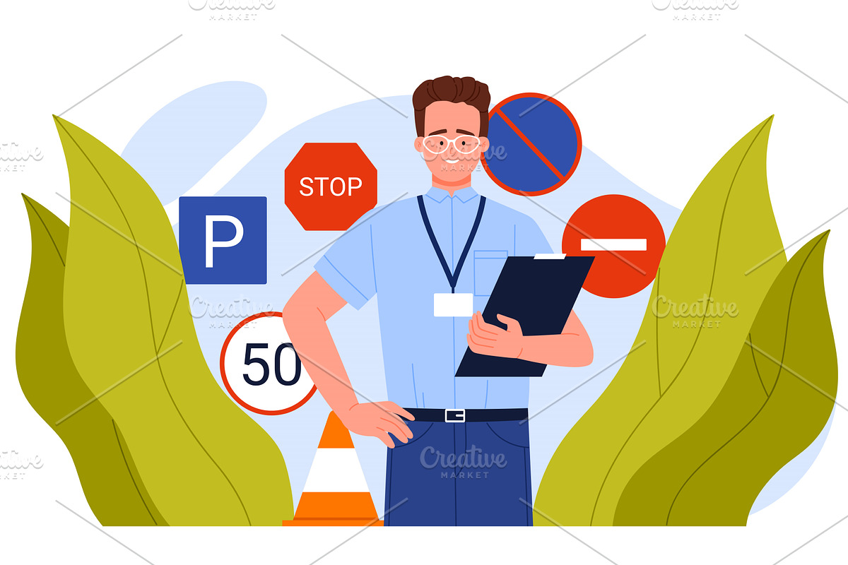 Driving School Instructor With Road, a Transportation Illustration by Flashvector