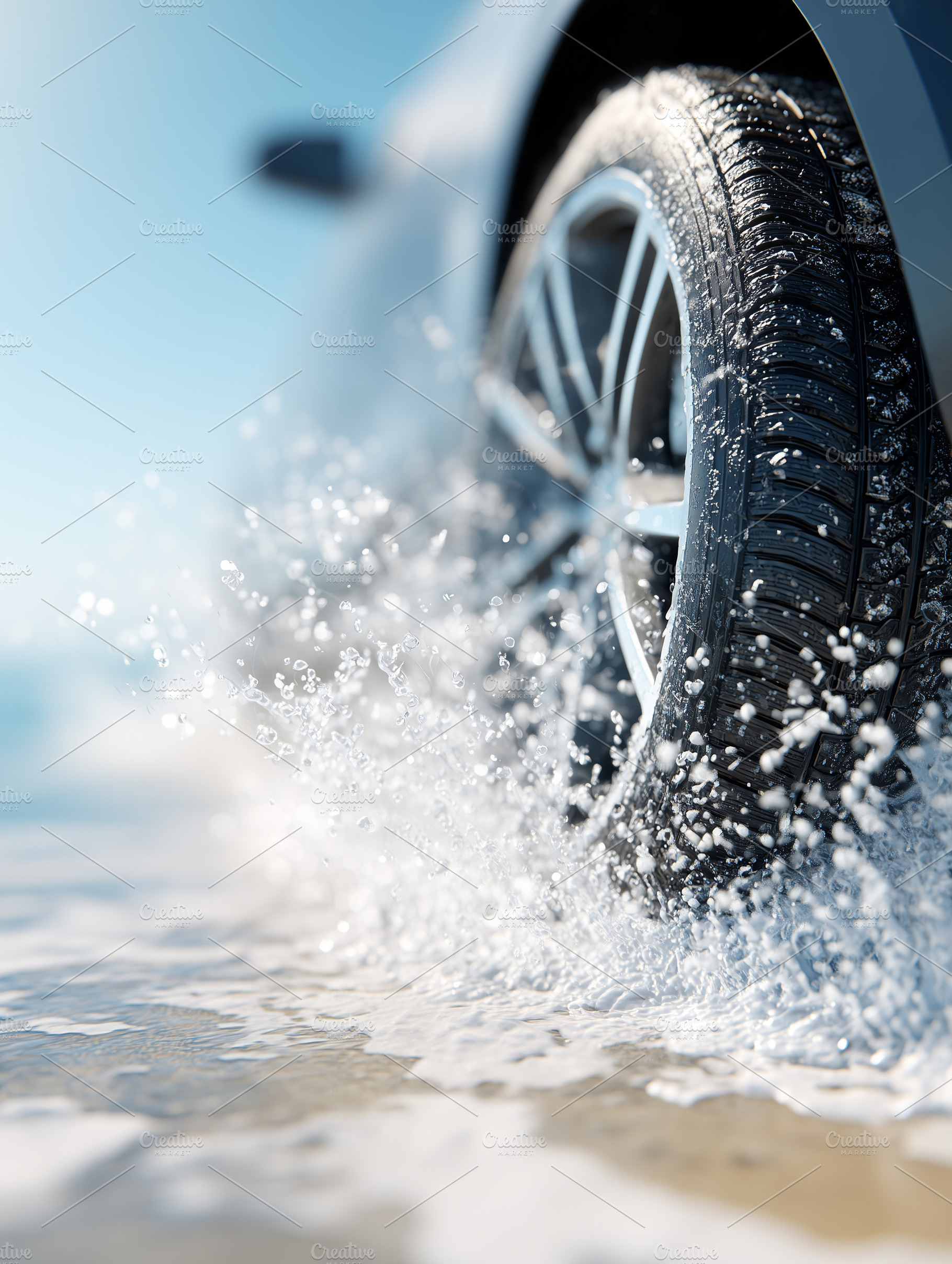 Close up of a car tire splashing, a Transportation Photo by MistyDay