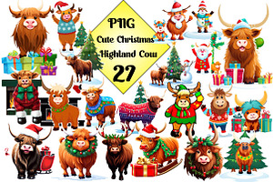 Cute Christmas Highland Cow Clipart, an Illustration by Wow Magic
