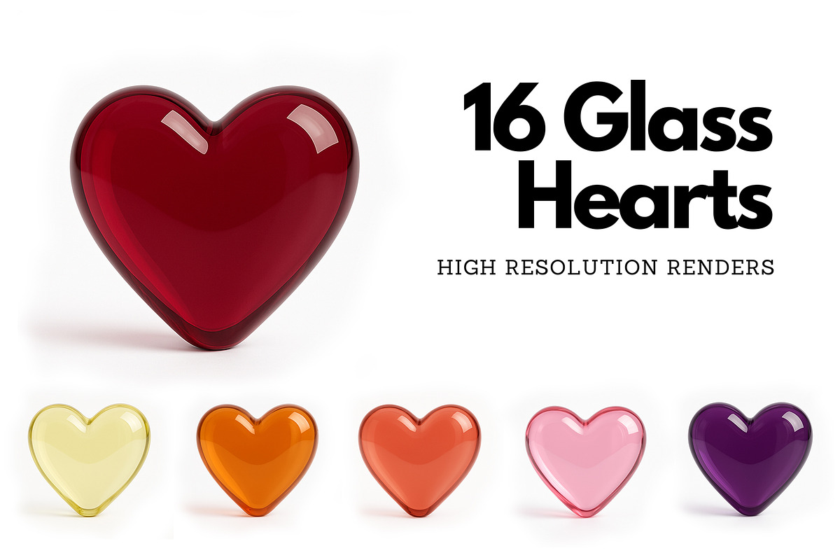 16 Glossy Glass Hearts Set, an Object Graphic by Helga Wigandt (Photo 1 of 3)