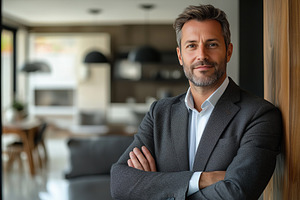 A confident realtor man in a suit stands with arms crossed against a wooden wal, a Person Photo by Textures & Backgrounds