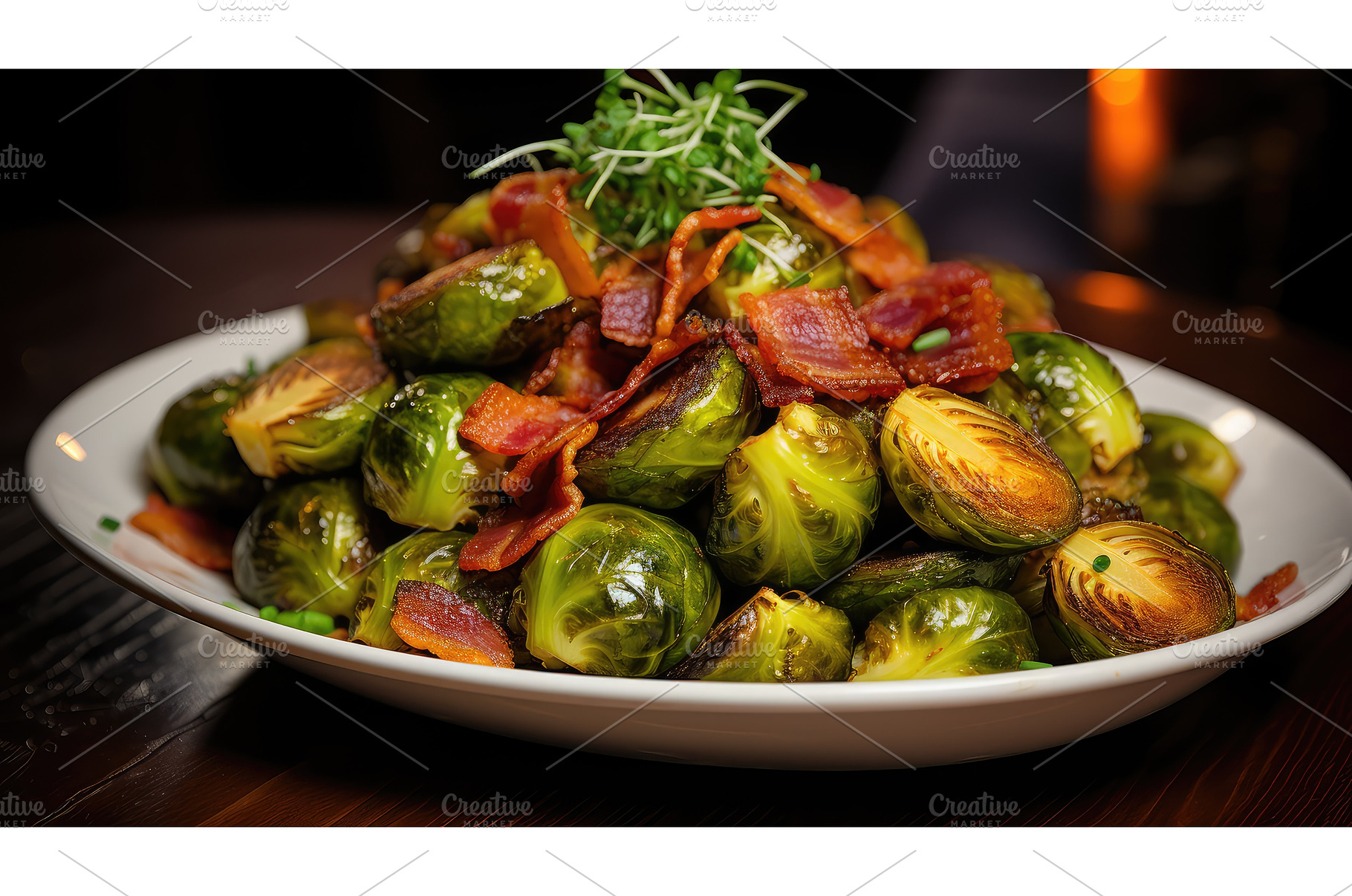 plate brussels sprouts with bacon ai, a Background Photo by pikepicture