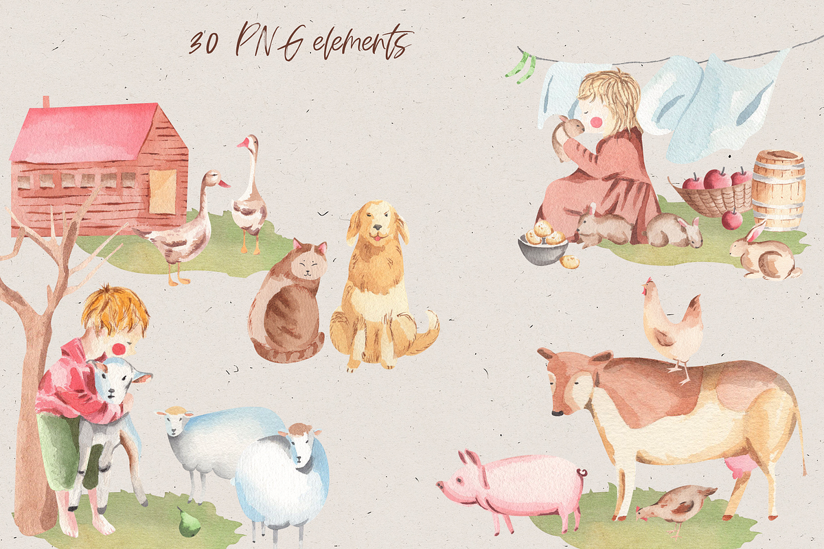 Farm Watercolor Clipart, an Animal Illustration by natalisart (Photo 3 of 8)
