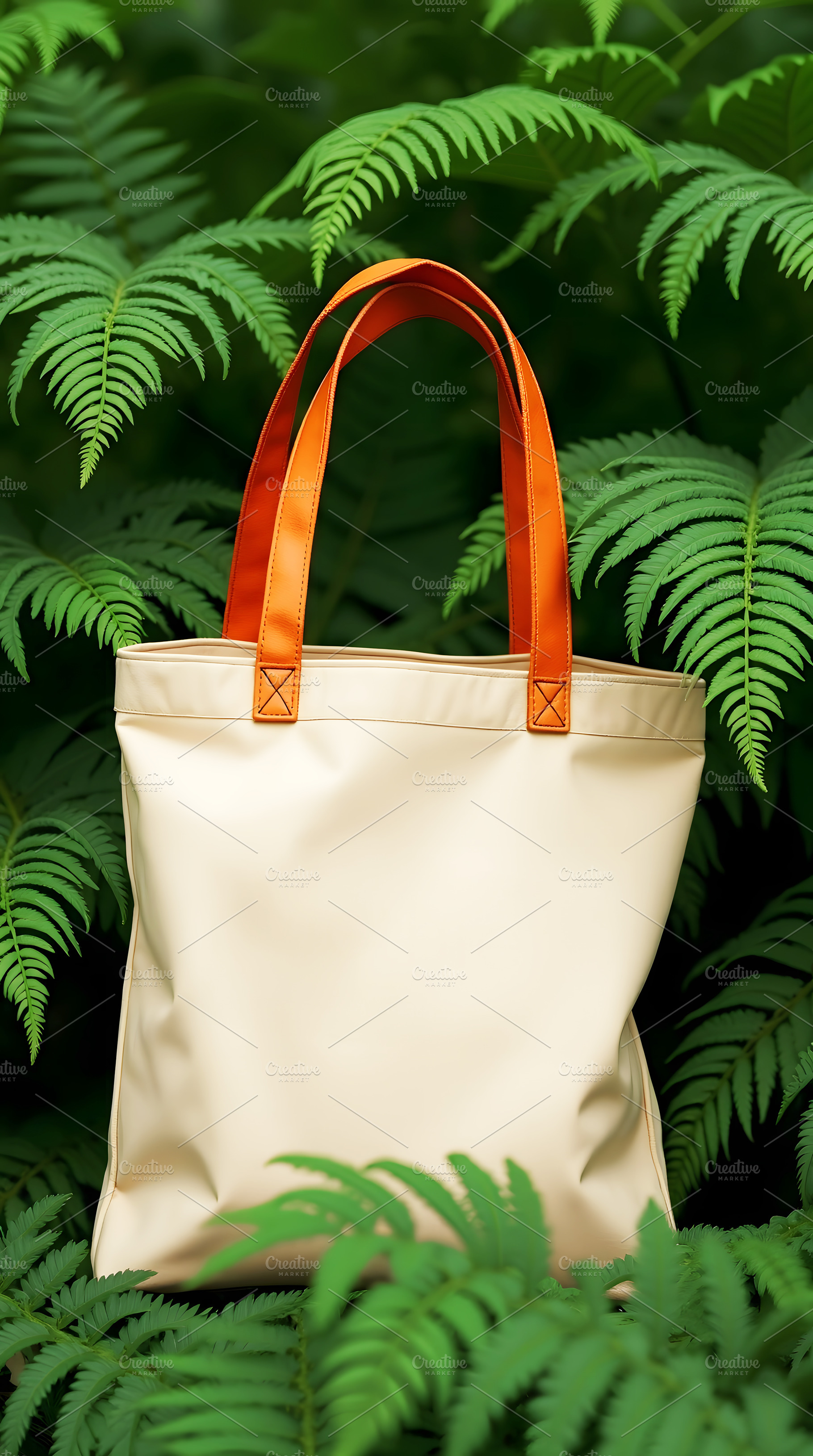 Beige Tote Bag Displayed Among Green, a Beauty & Fashion Photo by Stock Shape