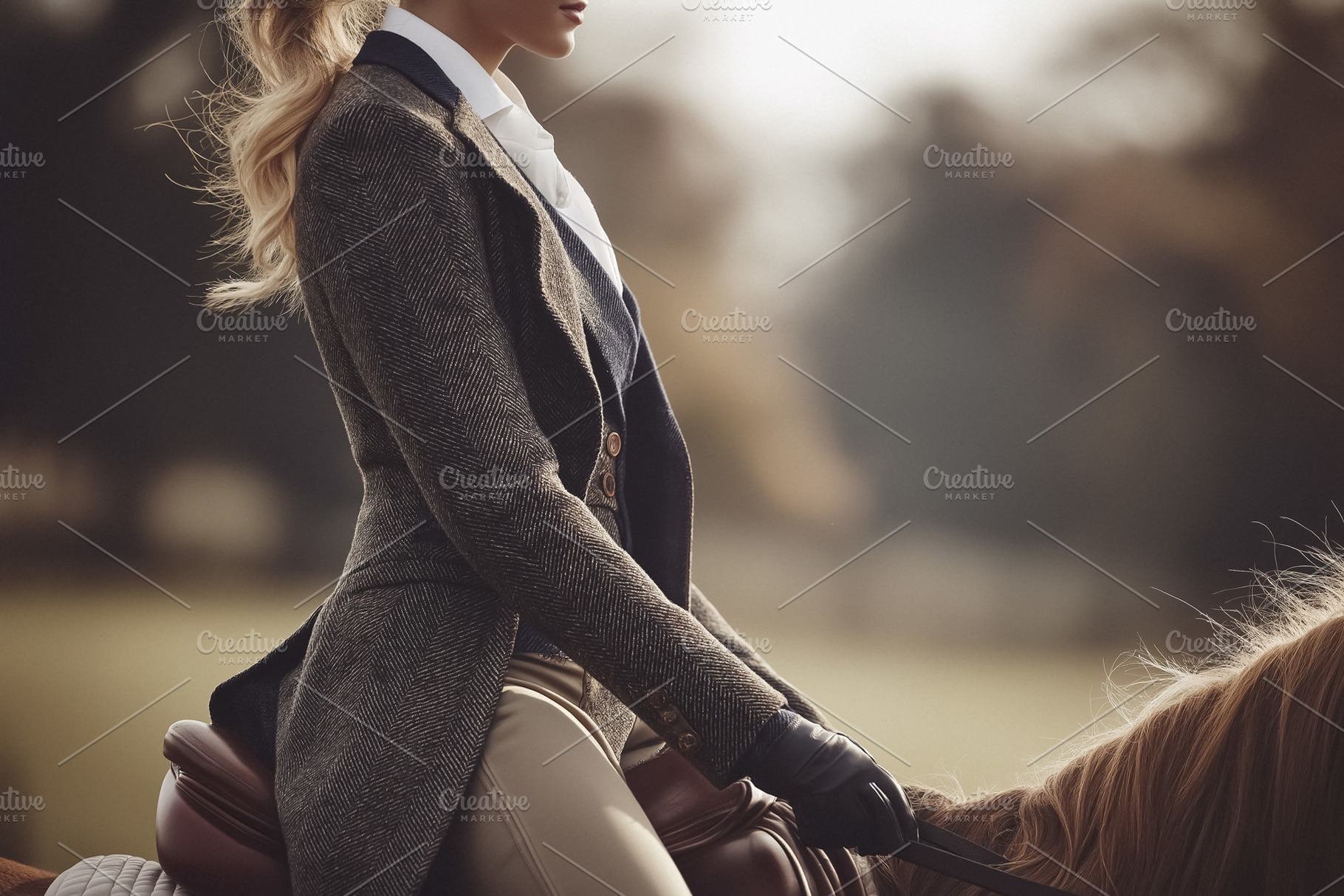 Woman rider in tweed jacket on a horse, showing equestrian sport elegance in a, a Person Photo by Studio ANNA