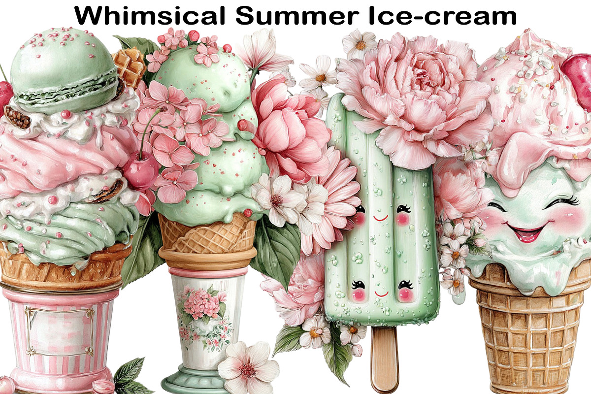 Whimsical Summer Ice-cream Clipart, an Illustration by Black Bird Studio (Photo 1 of 5)