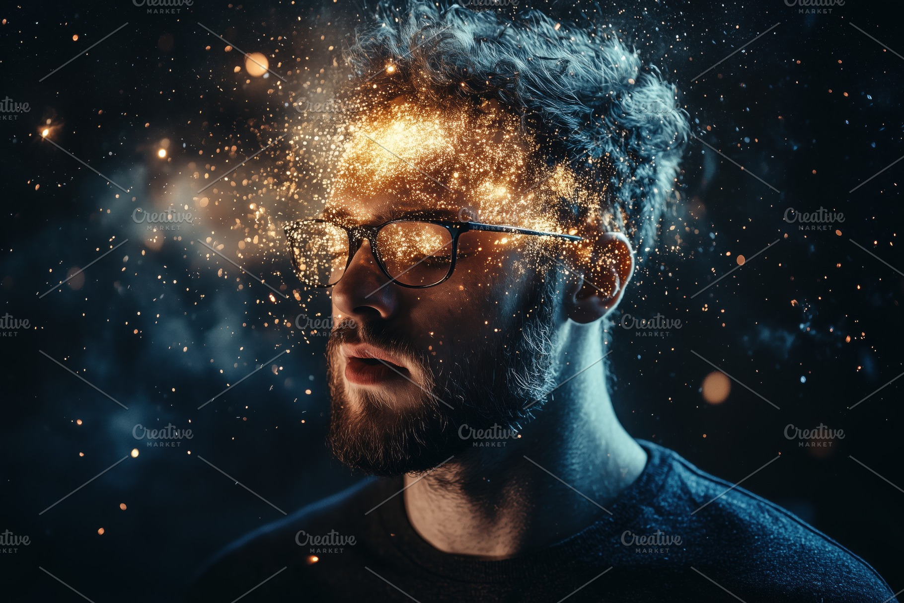 A cognitive psychologist man with glasses appears to have a galaxy or cosmic sc, a Person Photo by Textures & Backgrounds