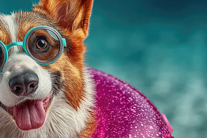 Happy Corgi Dog With Sunglasses on Pink Pool Float Summer Banner, a Nature Photo by José Manuel Gelpi