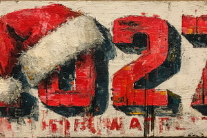 Hand painted red 2027 holiday numbers with Santa hat on distress, a Holiday Photo by José Manuel Gelpi