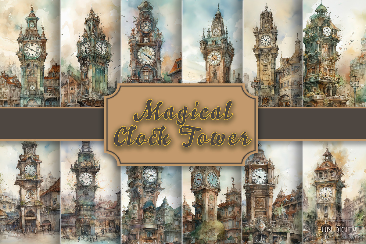 Watercolor Magical Clock Tower, a Background Graphic by Fun Digital (Photo 1 of 3)