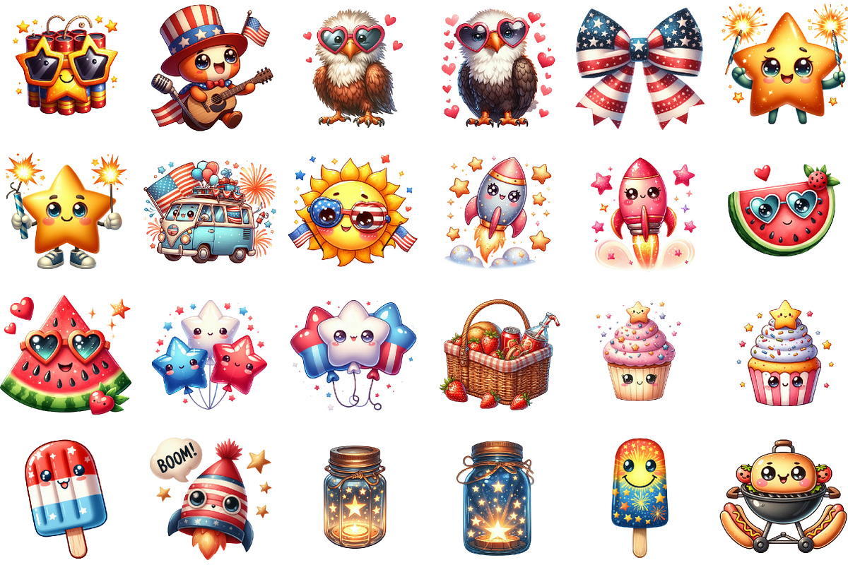 Kawaii Retro 4th of July Clipart, an Illustration by Sublimation Artist (Photo 2 of 6)