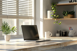 Home workplace with laptop computer on desk, a Technology Photo by AlyaAnd