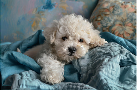 Adorable white puppy relaxing on, an Animal Photo by Ylivdesign
