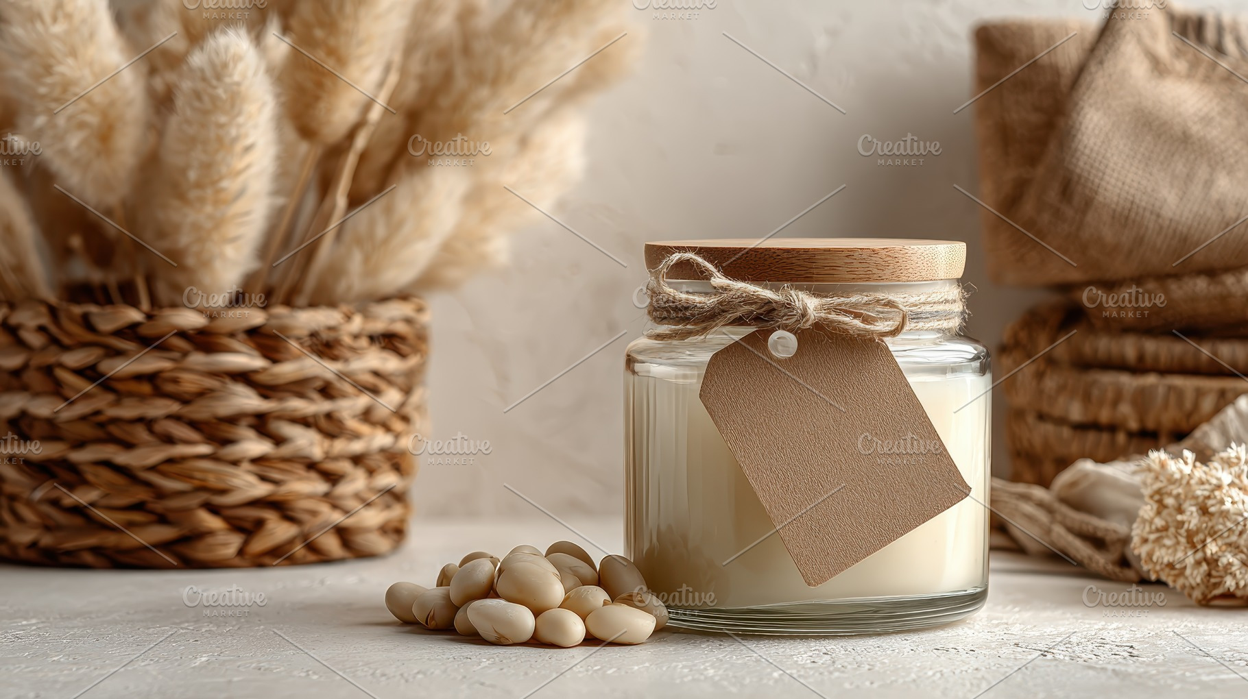 Scented candle in glass jar with woo, a Photo by Pixeness Studio
