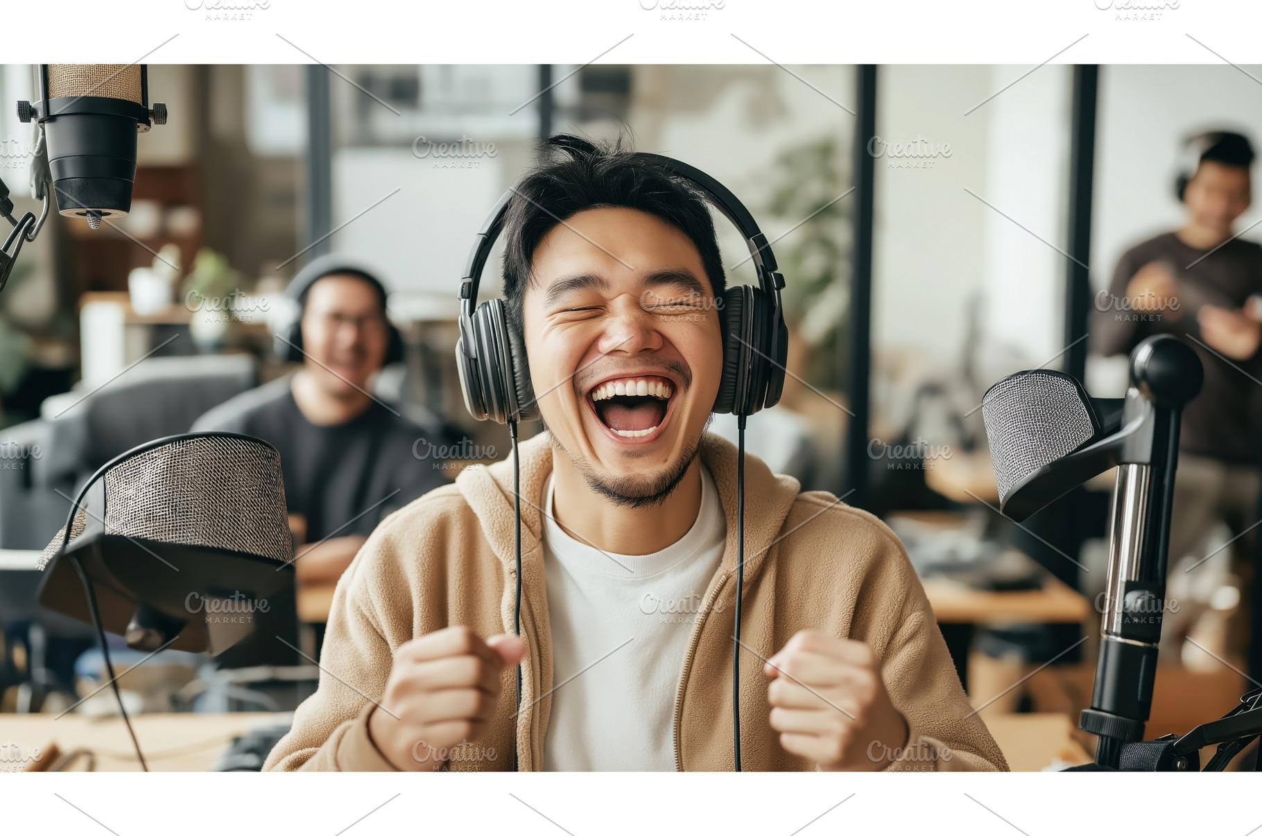 Asian podcaster wearing headphones, a Person Photo by Sergey Kotenev