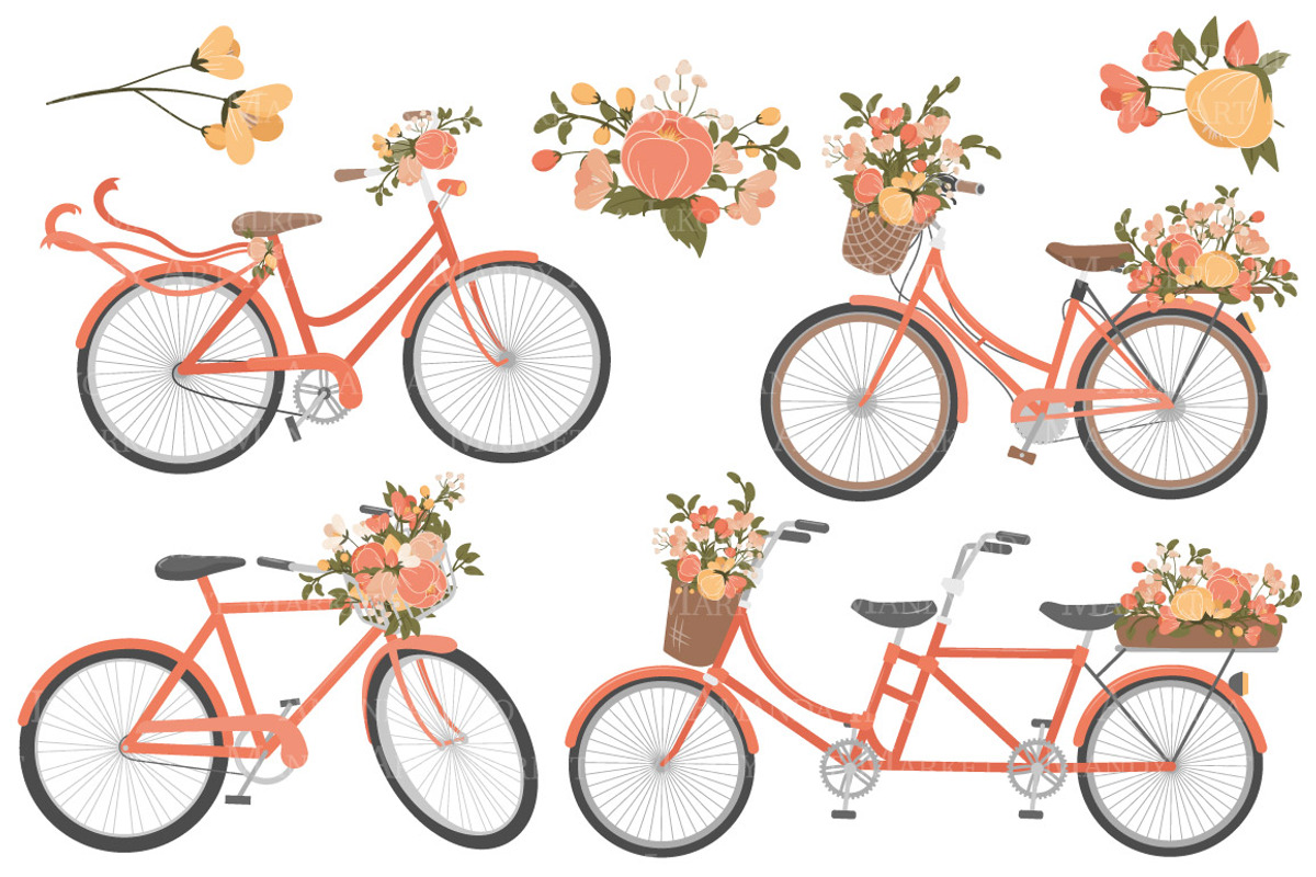 Peach Floral Bicycles Clipart, an Illustration by Amanda Ilkov (Photo 3 of 5)