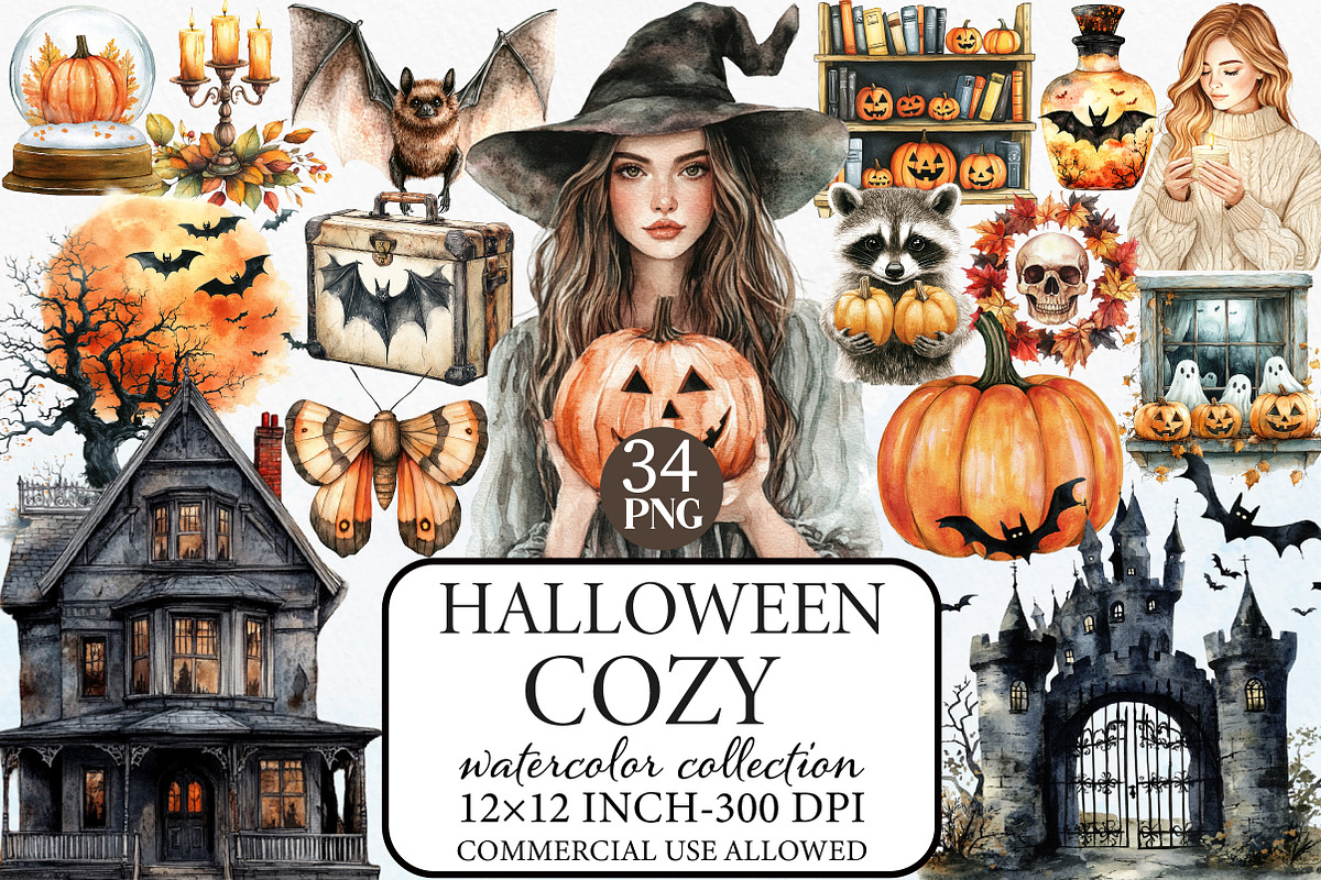 Watercolor Cozy Halloween Clipart, an Illustration by Libby Wishes (Photo 1 of 6)