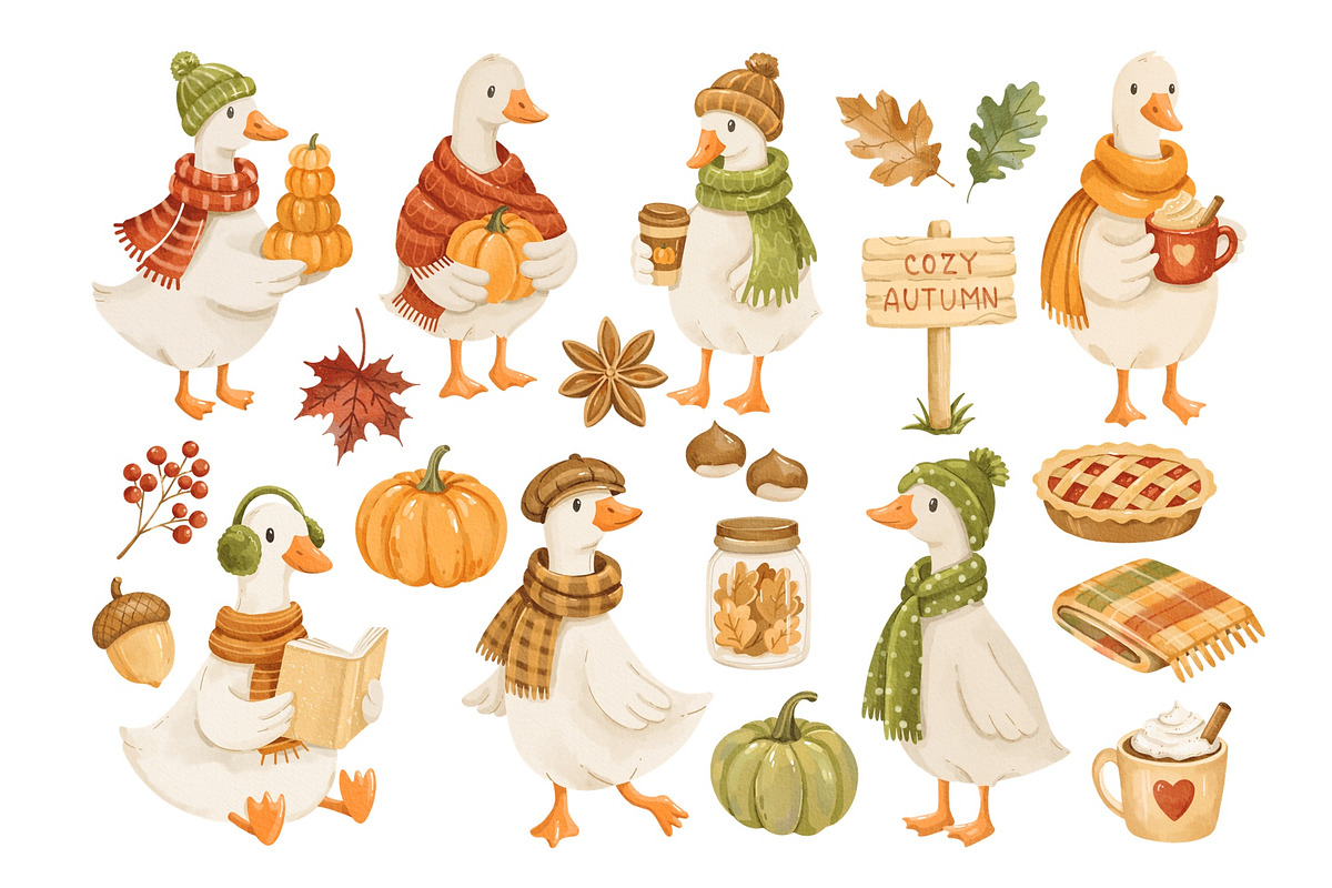 Watercolor Autumn Geese Clipart, an Animal Illustration by ArtGiftsStudio (Photo 3 of 5)