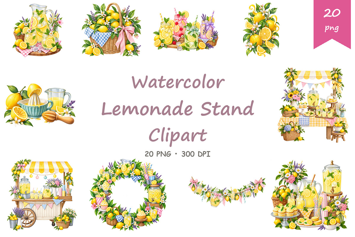 Watercolor Lemonade Stand Clipart, a Food Illustration by BerryPieArt (Photo 1 of 4)