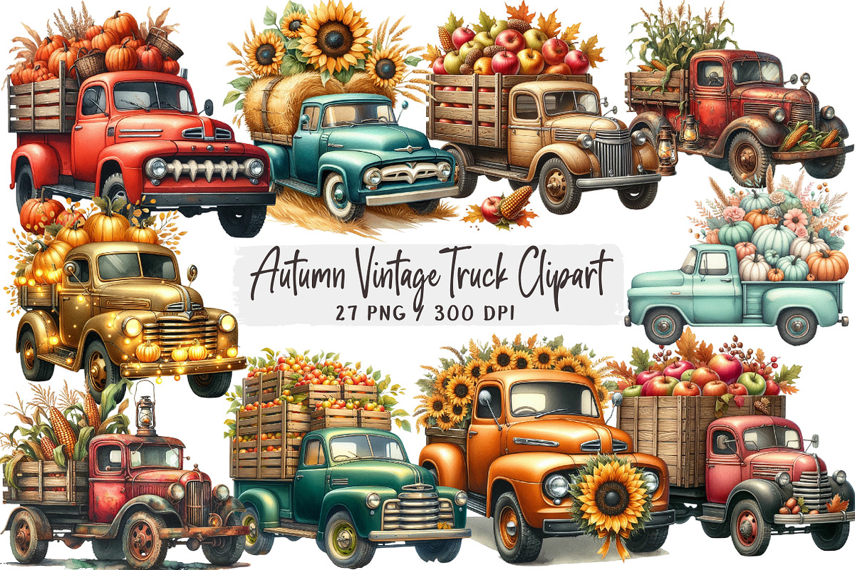 Autumn Vintage Truck Clipart, an Illustration by DreamArtGraphic (Photo 1 of 4)