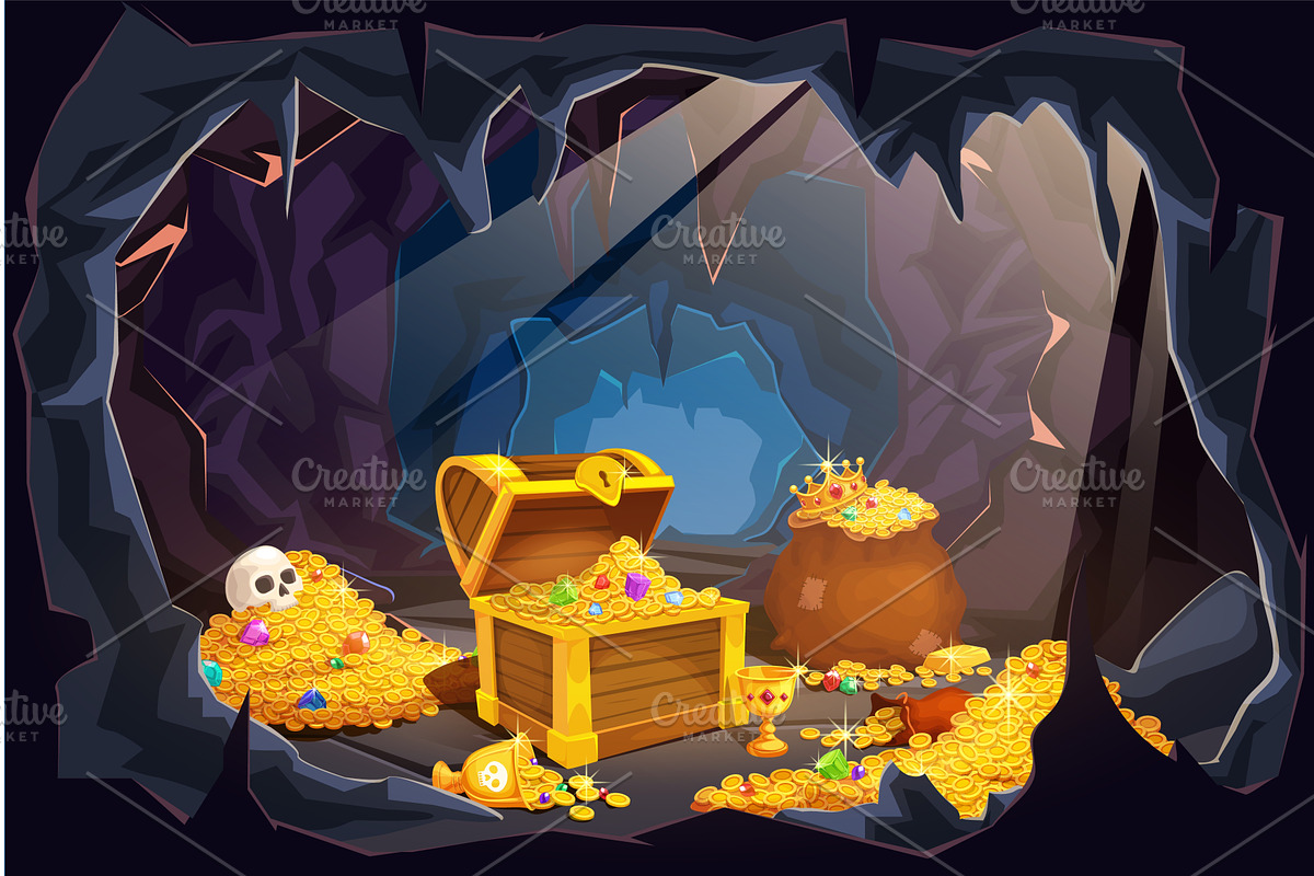 Cave pirate treasure. Gold treasures, an Illustration by Stock-Smart-Start