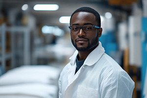 A confident young garment technologist man wearing glasses and a white lab coat, a Person Photo by Textures & Backgrounds