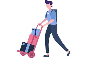 Man pushing trolley cart with parcel, a Person Illustration by vectorpointstudio