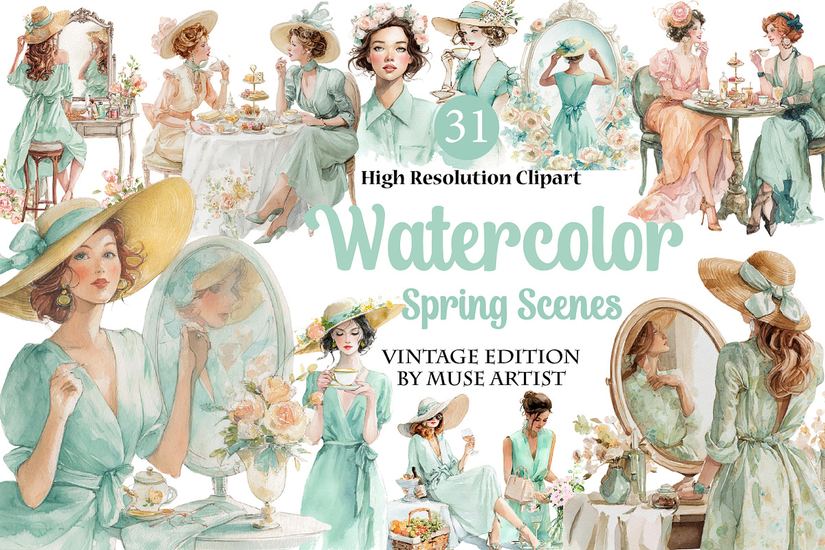 Watercolor Spring Scenes Clipart, an Illustration by DreamArtGraphic (Photo 1 of 4)