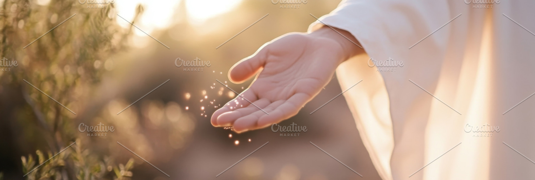 Hand of Jesus reaching out with light in spiritual scene, religi, a Photo by Dvoevnore photos