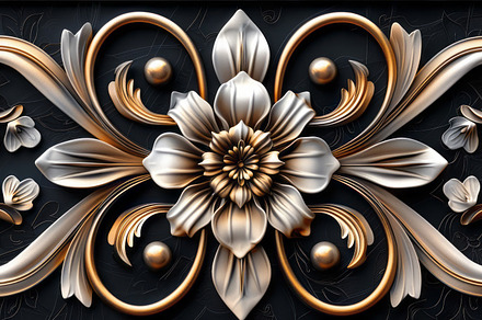 Intricate floral design in gold and silver colors on a black background, a Background Photo by ImageMir