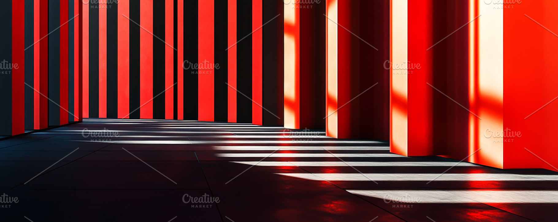 Dramatic Architectural Shadows with Red and Black Columns, an Abstract Photo by Natalia Klenova's Shop