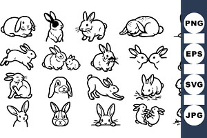 Cute Bunny Outline Clipart Set, an Illustration by designvectx