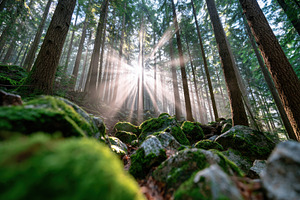Sunlight in a serene forest with moss-covered rocks, a Nature Photo by AlyaAnd