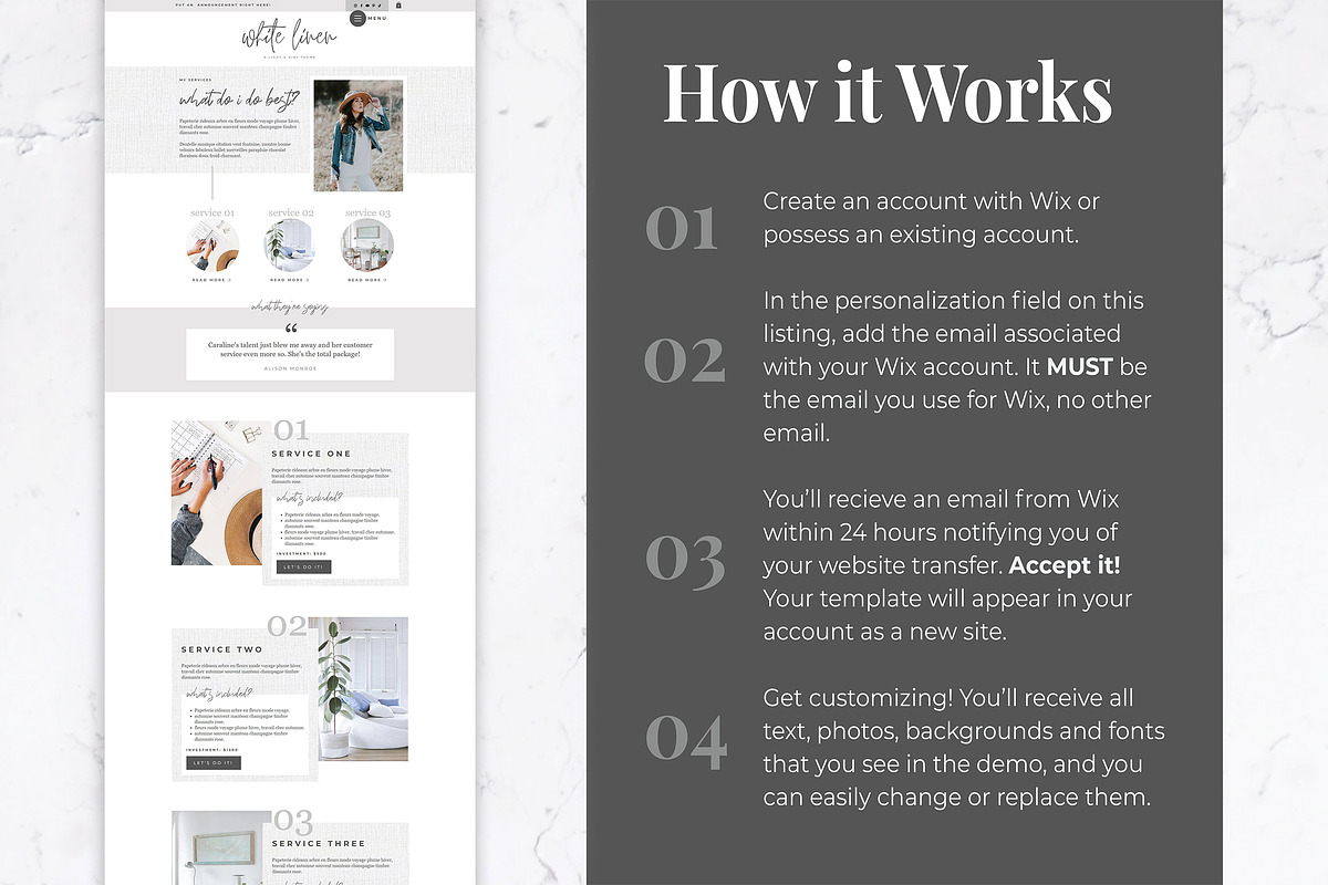 Wix Website Template | White Linen, a Shopify Template by Thirty One Palms Studio (Photo 5 of 6)