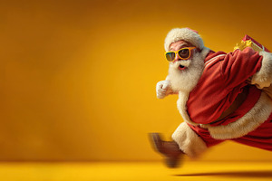 Cool Santa Claus in motion wearing sunglasses and running with g, a Person Photo by José Manuel Gelpi