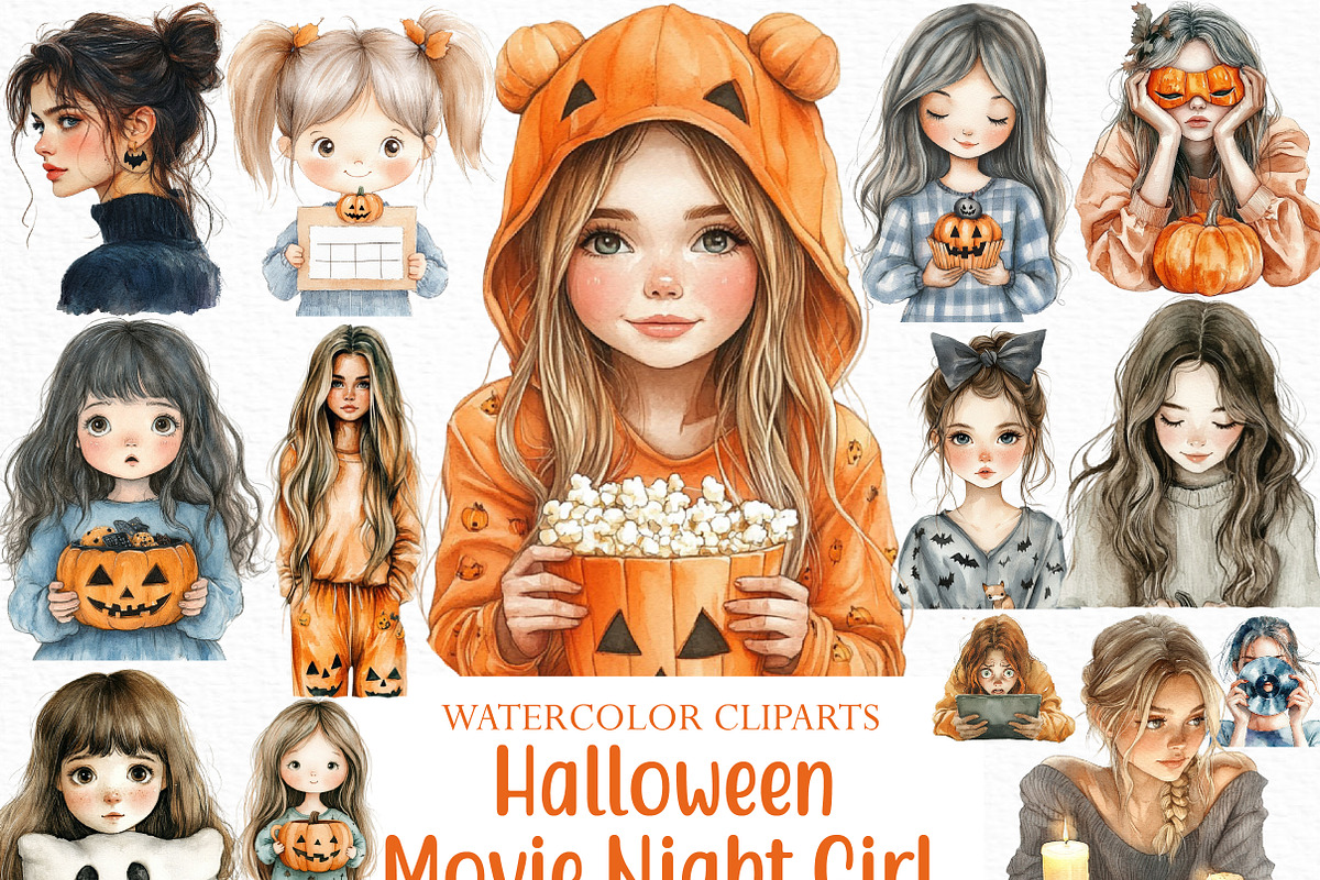 Halloween Movie Night Girl Clipart, an Illustration by Craft Nest (Photo 1 of 6)
