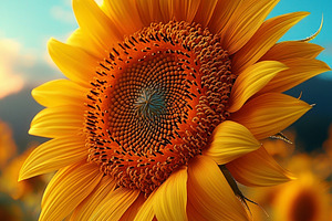 Closeup of a vibrant sunflower in golden hour light with a field, a Nature Photo by José Manuel Gelpi