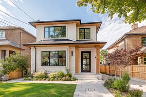 Modern two-story house with landscaped front yard, an Architecture Photo by AlyaAnd
