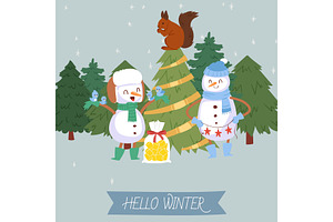 Cute Snowman And Winter Forest