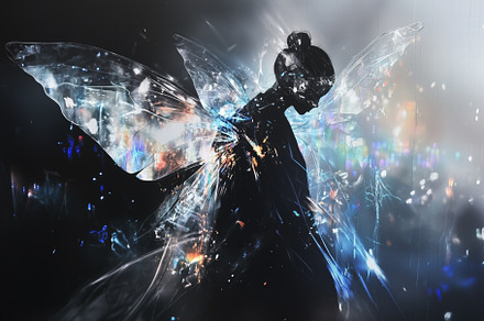 A silhouette of a fairy with translucent wings, surrounded by a colorful, abstr, an Arts & Entertainment Photo by Textures & Backgrounds