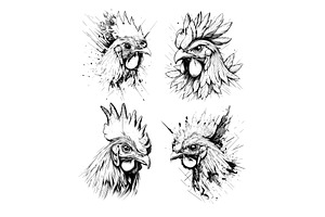 Rooster avatars black ink sketch, an Animal Illustration by Onyx